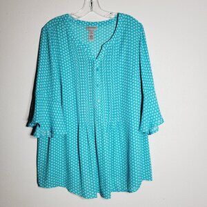 Catherines Blue Top‎ Size 14W 16W Pullover Blouse Pleated 3/4 Sleeve